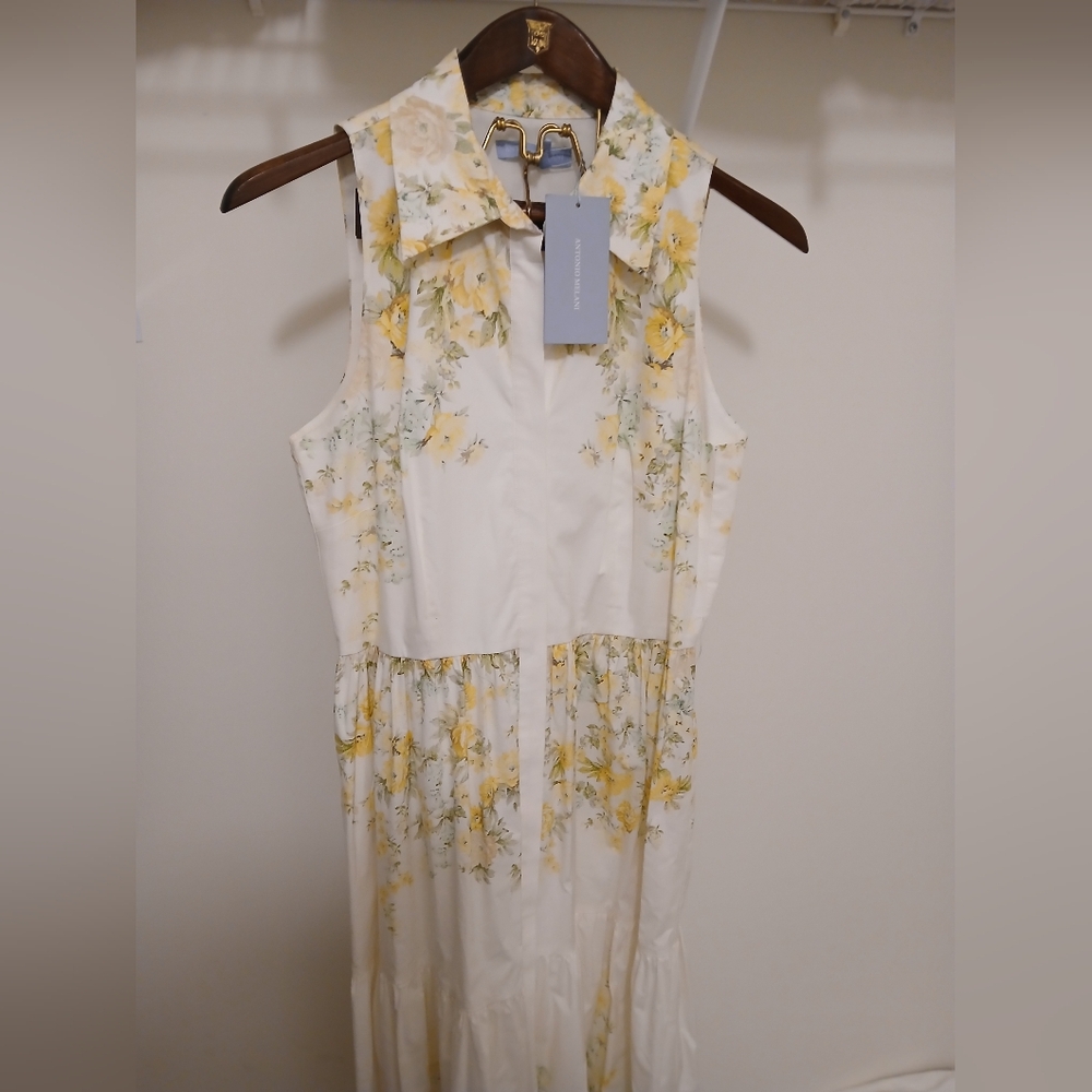 NWT ANTONIO MELANI BUTTON DOWN SLEEVELESS COLLAR DRESS WHITE & YELLOW SIZE 8